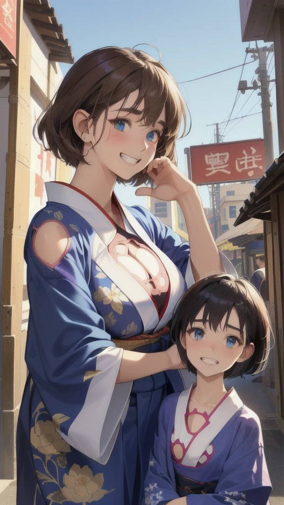 (perfect anatomy:1.2)(absurdres, highres, ultra detailed),masterpiece,best quality,high resolution,8k,Realistic face,Realistic skin texture,magnified textures, stunning clarity,detailed anime girl,(ultra detailed eyes and face),(14 years old:1.2),(baby face:1.2),japanese girl,floral printed blue yukata,、(very short hair, two side up:1.4)、tareme,light brown hair:1.2,kanzashi、glamor、short stature、(grin:1.4)、(bust up:1.4),Steampunk in the Edo Period、(Vivid hieroglyph signs and street advertisements:1.2)、busy、(worried:1.4),autumn、hieroglyph,souk、Shopping Street、Ancient Egyptian statues,reaching out,(tanned skin:1.3 ),big breasts,look up viewer,round face,Shoulder Bare,(from front:1.2),(cleavage cutout:1.4),