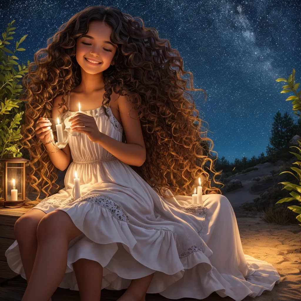 Girl with tan skin and very long curly dark hair thats wavy sitting down under the stars smiling with a magical night dress