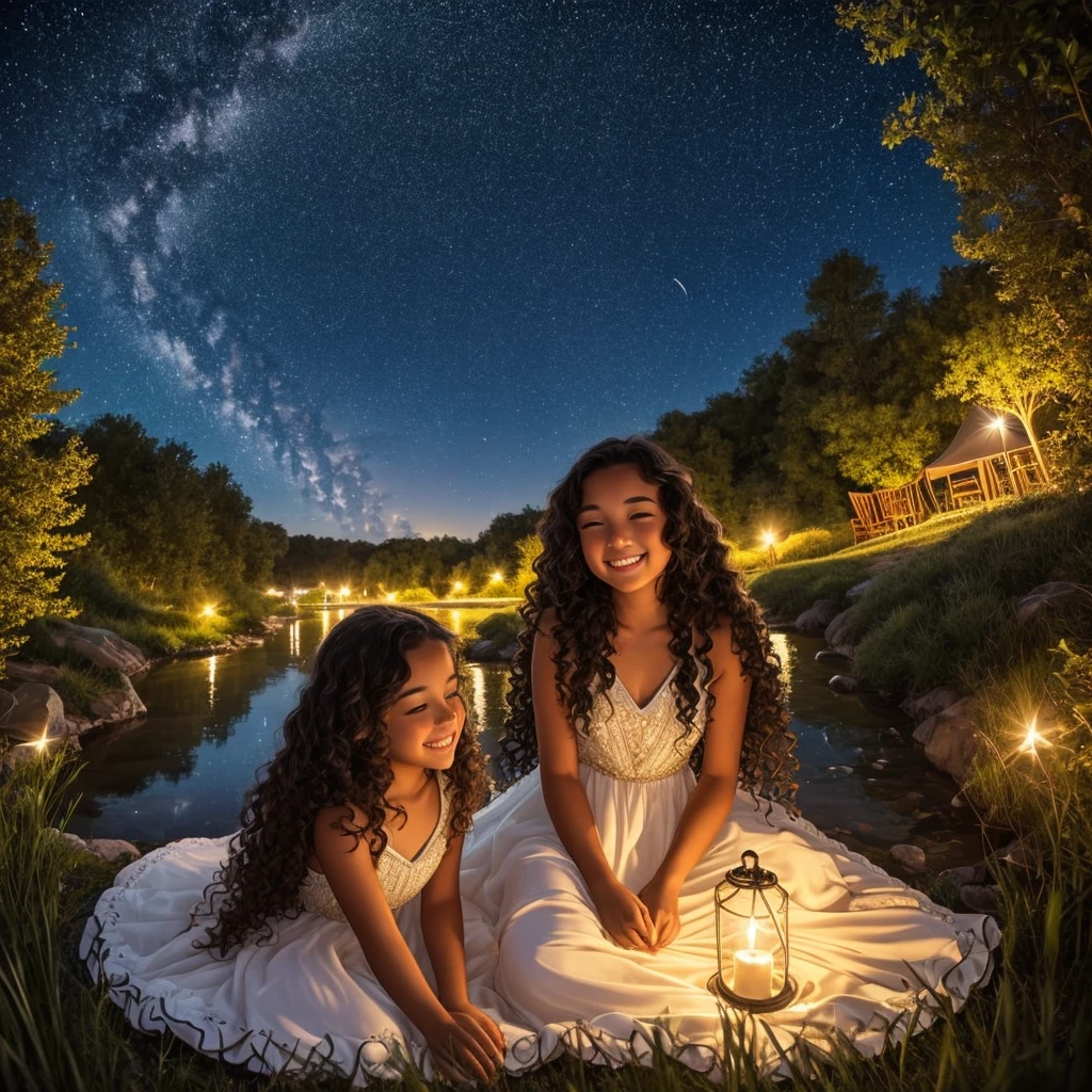 Girl with tan skin and very long curly dark hair thats wavy  sitting down  under the stars smiling with a magical night dress 