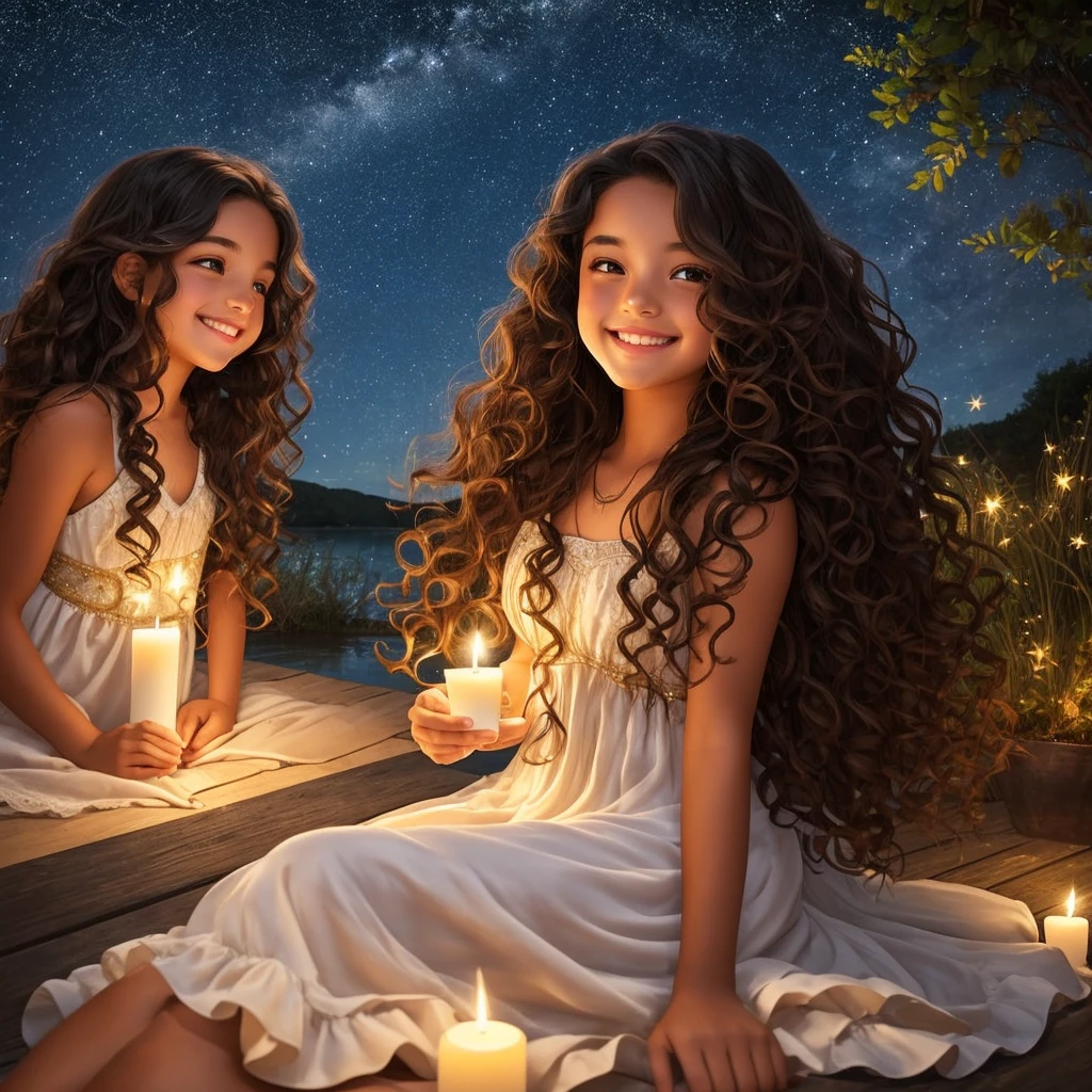 Girl with tan skin and very long curly dark hair thats wavy  sitting down  under the stars smiling with a magical night dress 