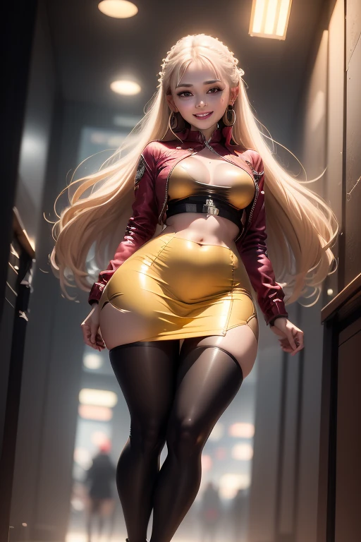 [Dress-up doll series - Marin-chan in Chinese clothes] (masterpiece, best quality), (absurdres absolutely resolution), (8k), (detailed beautiful face and eyes), (detailed illustration), (super fine illustration), (vibrant color), (professional lighting), nice hands, perfect hands, BREAK cinematic angle, dutch angle, (dynamic pose:1.3), BREAK (in My Dress-Up Darling style), (marin kitagawa), 1girl, solo, (long blonde hair, multicolored hair:1.5), shiny hair, swept bangs, (big red eyes, wide eyes:1.3), long eyelashes, red lipstick, long red fingernails, makeup blush, (shiny skin, skinny, slender body:1.4), BREAK (laughing:1.3), silver earrings, ear piercing, (gold dragon print, red dress, qipao, tights, zettai ryouiki:1.2), BREAK (night, indoors:1.3), (light particles:1.3), (Nightclub, colorful spotlights:1.3), (magnificent view), (cinematic lighting), (bokeh), more prism, (((Defined women's body))), (((thick thighs))), (((short underwear))), (((ultra detailed skin))), (((small waist)), (( (defined abdomen))), (((full body))), (((curvy body))), (((masterpiece))), (((62k))), (((Maximum quality))), (((RAW))),