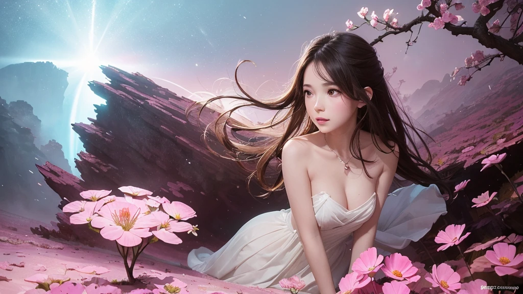 32k, Masterpiece, Highest quality, One girl, Detailed eyes, flower,Sandersonia, Pink and brown style,A dreamy, romantic piece,Pale pink, Mysterious Leaves,A playful arrangement,Fantasy,High Contrast,Ink strokes,explosion,Exposure, Impression of pink and brown tones,Abstract,((Watercolours by John Berkey and Jeremy Mann )) Brush strokes,Negative Space, Tyndall effect,