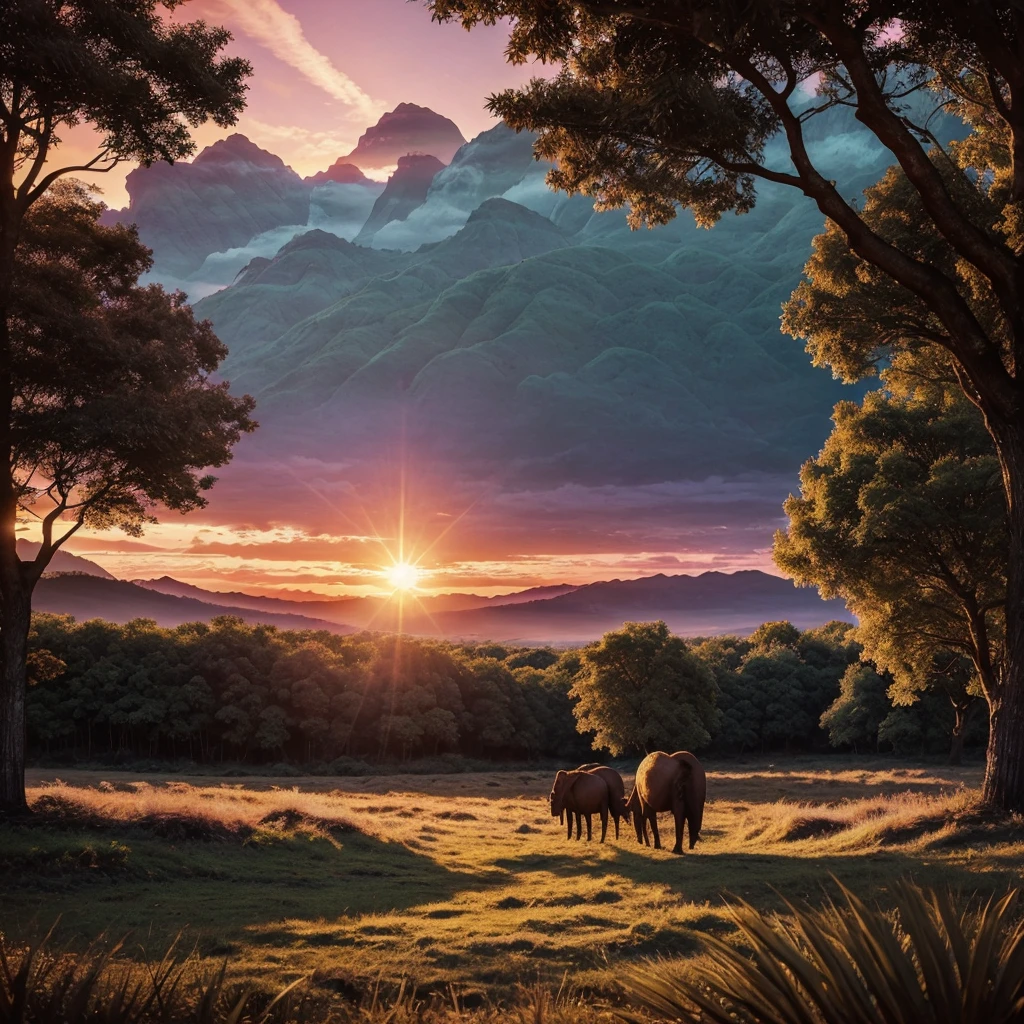 landscape on a strange alien planet, twin suns, atmospheric colours, fields, trees in the background, dense foliage, animals, picturesque, photo, synthwave