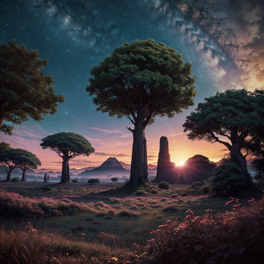 landscape on a strange alien planet, twin suns, atmospheric colours, fields, trees in the background, dense foliage, animals, picturesque, photo, synthwave