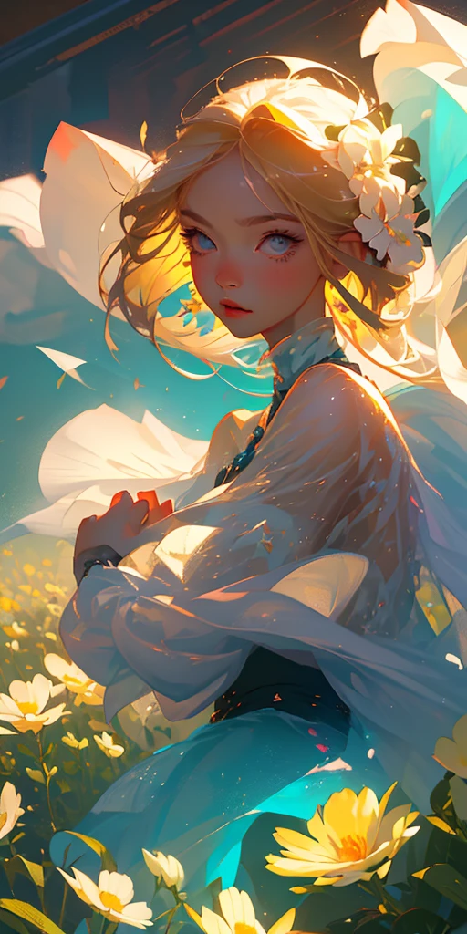 (best quality, masterpiece), 1girl, pose, particle, wind, flower, upper body, simple background, looking at viewer, focus on face, blonde,