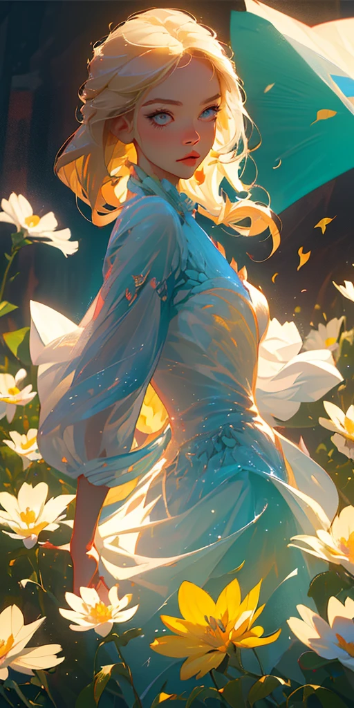 (best quality, masterpiece), 1girl, pose, particle, wind, flower, upper body, simple background, looking at viewer, focus on face, blonde,