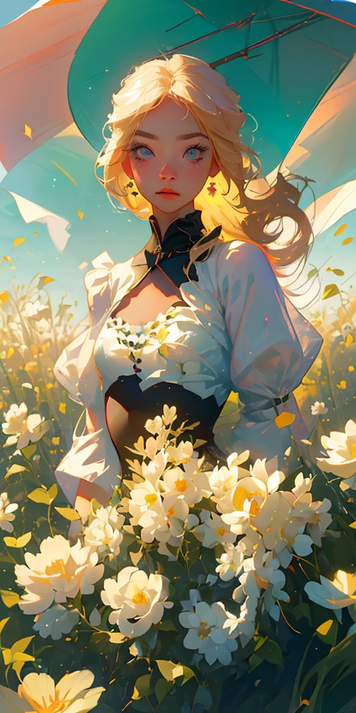 (best quality, masterpiece), 1girl, pose, particle, wind, flower, upper body, simple background, looking at viewer, focus on face, blonde,
