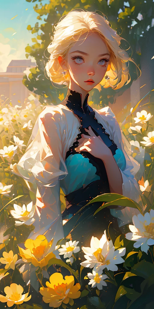 (best quality, masterpiece), 1girl, pose, particle, wind, flower, upper body, simple background, looking at viewer, focus on face, blonde,