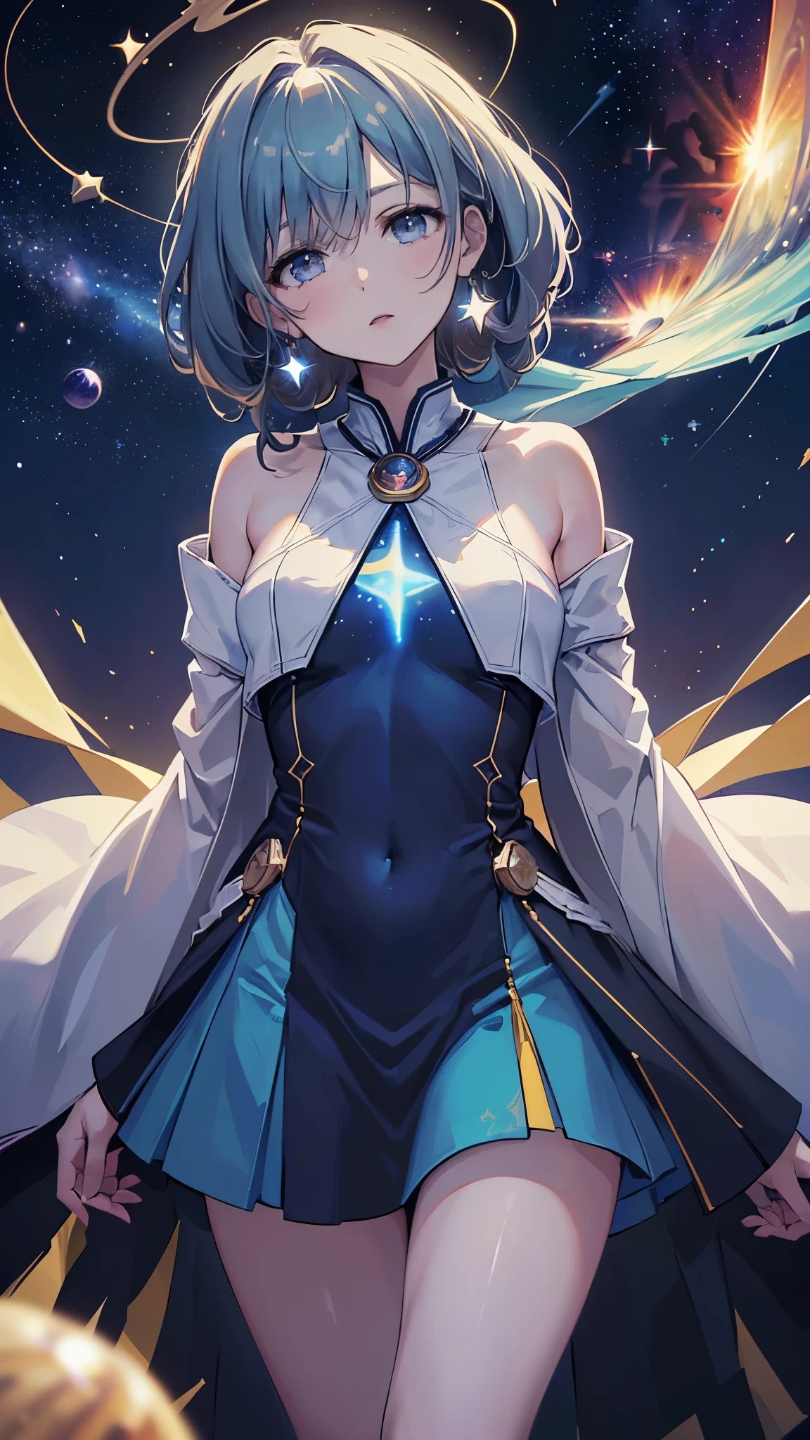 ((((cosmic background glowing stars, planets)))) 1girl, calm, standing, (((stellar jewelry, cosmic attire, ethereal hair))), (segmented body), (long hair cut), (pale skin), ((blue eyes)), (((ultra detailed eyes:0.7, beautiful and detailed face))), ((centered)), (wide shot), facing viewer, (((space, stars, planets))), medium breasts, looking at viewer, ((half closed eyes))), ((perfect hands))), (((head:1, arms, hips in view, elbows, thighs, in view))), ((hands at sides)), serene eyes, beautiful lighting, space, background, ((defined subject)), 25 years old, (head tilt), (((stellar))), ((cosmic)), (((high contrast))),((4k resolution)),((high quailty lens)),((lens ISO f4.5)),((effect blurred rim +5)),((Eliminates Chromatic Aberration)),((Enable Canon lens correction)),BREAK,((best graphics model)),((Bright balance and soft ratio)), ((moderate dark balance)),((dark area 30%)),((((contrast 10%)), BREAK,((ratio sun beam 60%)),((Sky light 10%)),BREAK,((of the highest quality, 8K,Raw photo)),Japanese style colors, Soft-beam light, afternoon light,BREAK,((Fixed Finger, Hand))