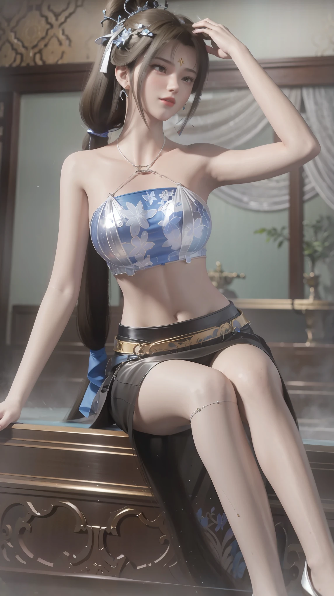 masterpiece, best quality, tthl, 1 Girl, , Solitary, Long hair:1.2, Large Breasts, Bangs, Hair accessories, Glasses, Single Ponytail, skirt, Bare shoulders, Jewelry, Brown hair, Alternative clothing, white skirt, bracelet, ear rings, 长skirt, 蕾丝skirt, bracelet, High heel, 系带High heel, 细High heel, Charming smile,Cross your legs, Sitting in the bathtub, indoors, From below，White Camisole