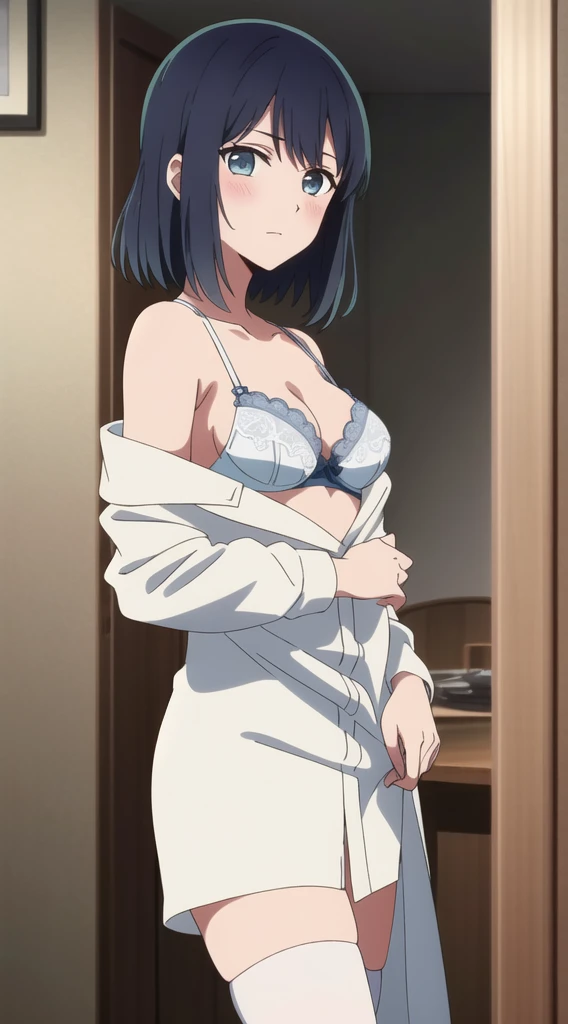 Akane Kurokawa,black hair, blue eyes, , 1 girl, detail hair ,alone,(close shot) ,(undress clothes :1.4),,bare shoulder, , white lace bra, cleavage,thighhighs,,      
beautiful Finger,beautiful long legs,Beautiful body,beautiful character design, perfect eyes, Perfect face,expressive eyes, looking at the viewer, Appear on knees,sexy pose,in the center of the image, official art,High Definition CG Unity, Perfect lit, bright_front_face_lit, (table top:1.0),(Highest_quality:1.0),4k,Super detailed, photograph, 8K, nffsw, High resolution, absurd:1.2, kodak portrait 400, film grain, Lens flare, (lively_color:1.2) (beautiful,medium breasts:1.4), (beautiful_face:1.3),(narrow_waist), blush