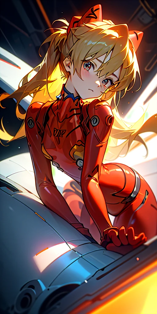 (Overhead view),dynamic angle,ultra-detailed, illustration, close-up, straight on, 1girl, 
 ((souryuu asuka langley, interface headset, red bodysuit:1.4, blonde)),Her eyes shone like dreamy stars,(glowing eyes:1.233),(beautiful and detailed eyes:1.1),(expressionless,closed mouth),(standing), 
(mechanic room with toolsand spaceship windowin a white SPACESHIP),
(night:1.2),dreamy, [[delicate fingers and hands:0.55]::0.85],(detail fingers),