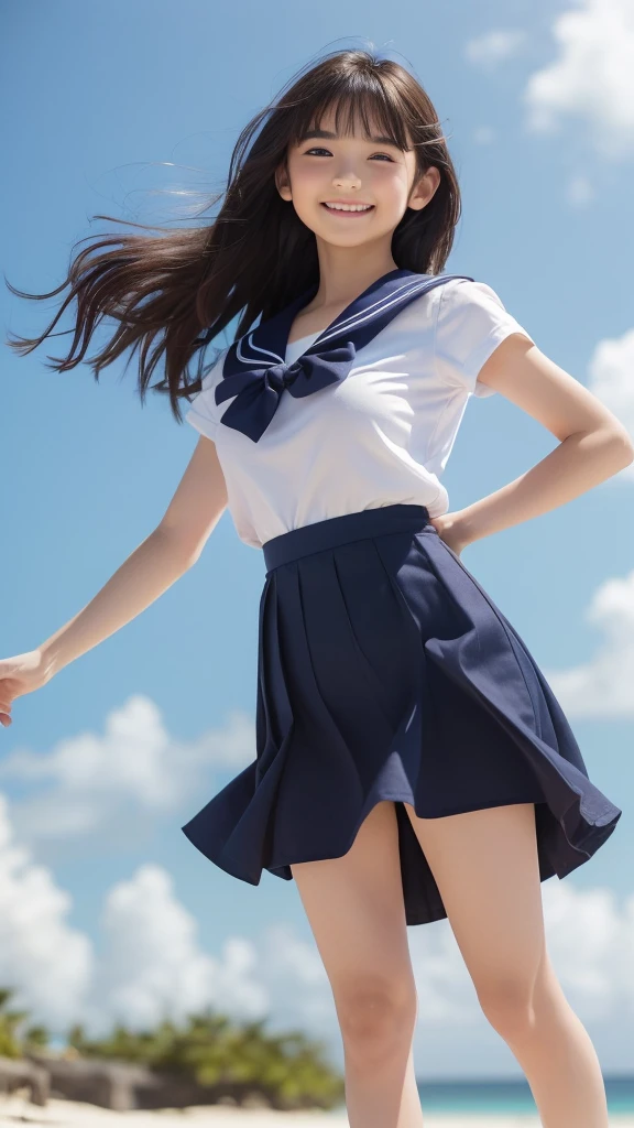 1girl,(((Okinawa ocean)))、Big Jump、(((White sand beaches in Okinawa)))、(((Just join your hands and pray)))、(((Mysterious look)))、8k UHD、Digital single-lens reflex camera、High resolution、Shallow depth of field、Natural light、(((Sailor suit)))、(((navy blue super mini skirt)))、(((A sparkling, charming smile)))、(((Full body photography)) )、Small person、(((Young face)))、1 Japanese female、;beautiful girl、(Black Hair)、A strong wind blows up my skirt、(((Brown eyes)))、Glowing Skin、Smooth Thinning Hair、Long Hair、Detailed background、Detailed eyes and face、Clear Eyes、Cute smile、Calm atmosphere、(((stage)))、(((Small breasts)))、(((Beautiful Eyes)))、Flat chest、Children、(((Toned thighs))) 、(((Angle from below) ))、(((Fine lips)))、(((Skirt fluttering)))、Shining beautiful legs、( Skirt fluttering violently in the strong wind :1.4), (hair blowing in the strong wind:1.4), (leaning forward)、barefoot、barefoot、((((A skirt flipped up by a strong wind))))