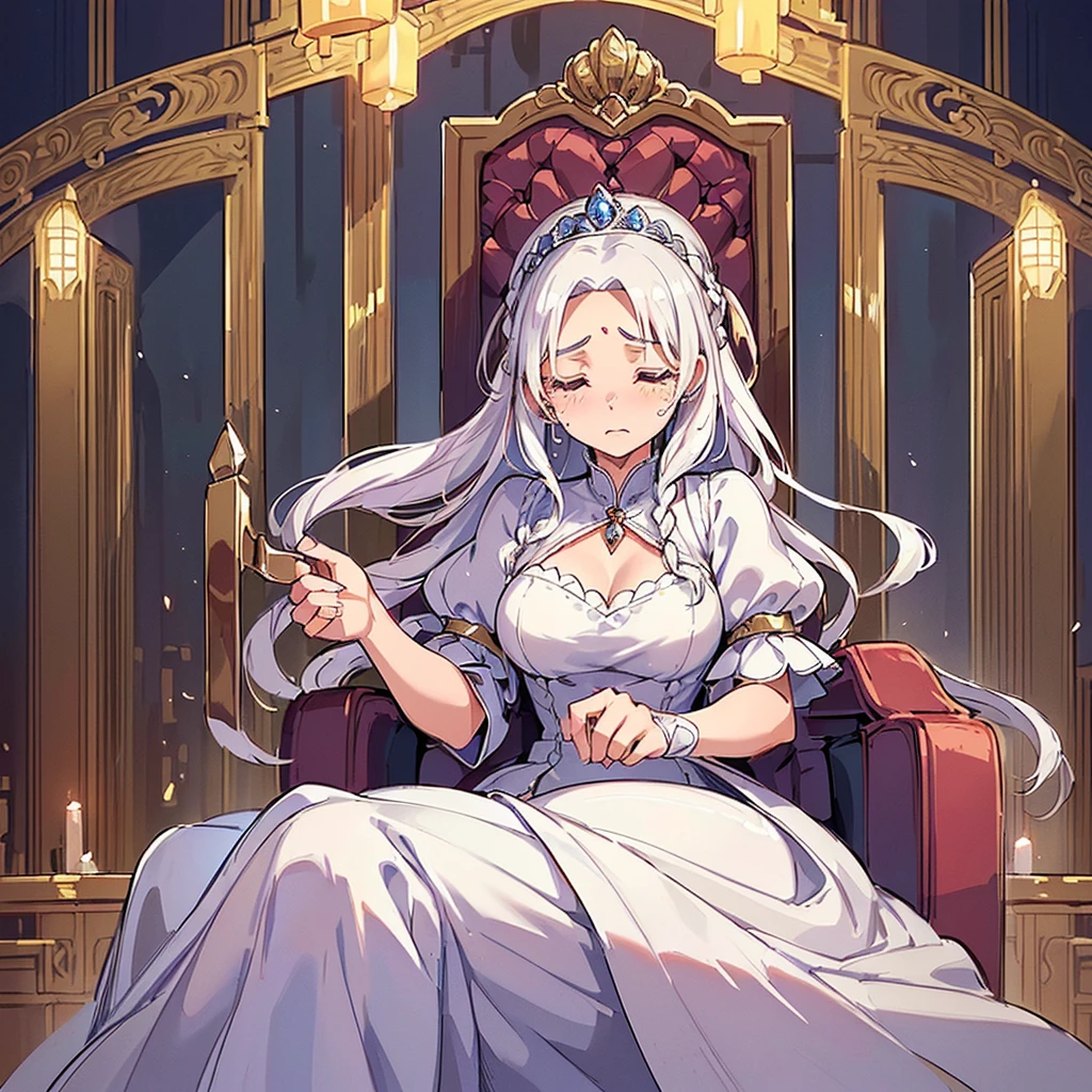 (((Solo)))、Highest quality, Best Quality、middle ages、(((白いGorgeous dress))、(Mature Woman、Mother、40 years old)、(White Hair、Middle Reason、Does not touch the forehead、Dumpling、Braid)、(cry、tears、Close your eyes、Close your eyes)、(princess、Queen of the West)、(Gorgeous dress)、tiara、(Sit in a luxurious castle chair)