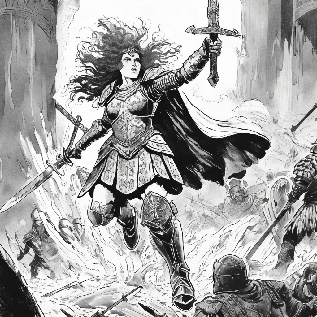 a black and white book illustration of a warrior woman in armor with a greatsword plunging down before her