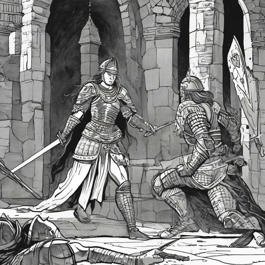 a black and white book illustration of a warrior woman in armor with a greatsword plunging down before her