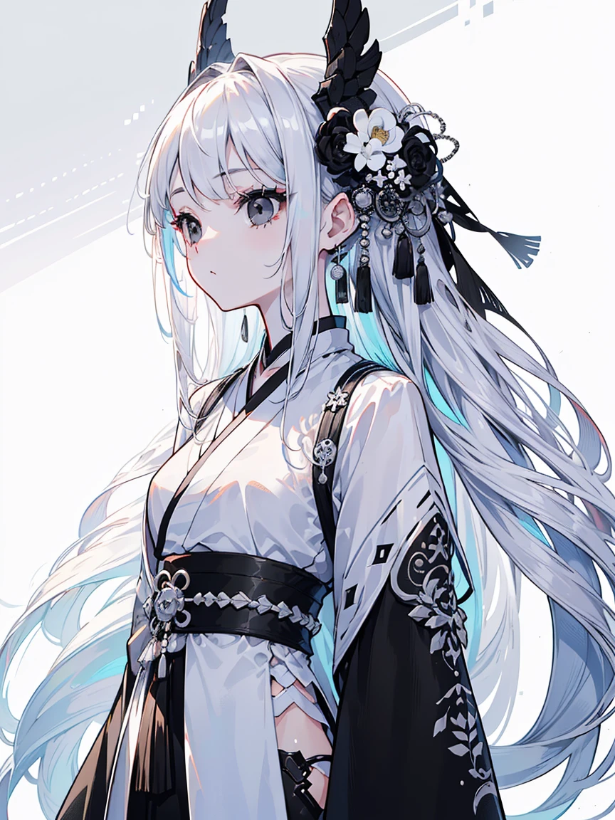 (Top image quality)、(Ultra Detailed)、(Facing forward)、top quality、masterpiece、(((1 girl)))、Silver Hair、white hair、((Long hair))、(black eyes:1.6)、(Hanfu)