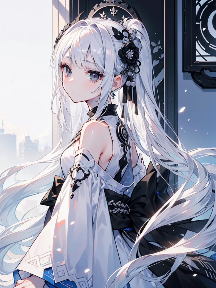 (Top image quality)、(Ultra Detailed)、(Facing forward)、top quality、masterpiece、(((1 girl)))、Silver Hair、white hair、((Long hair))、(black eyes:1.6)、(Hanfu)