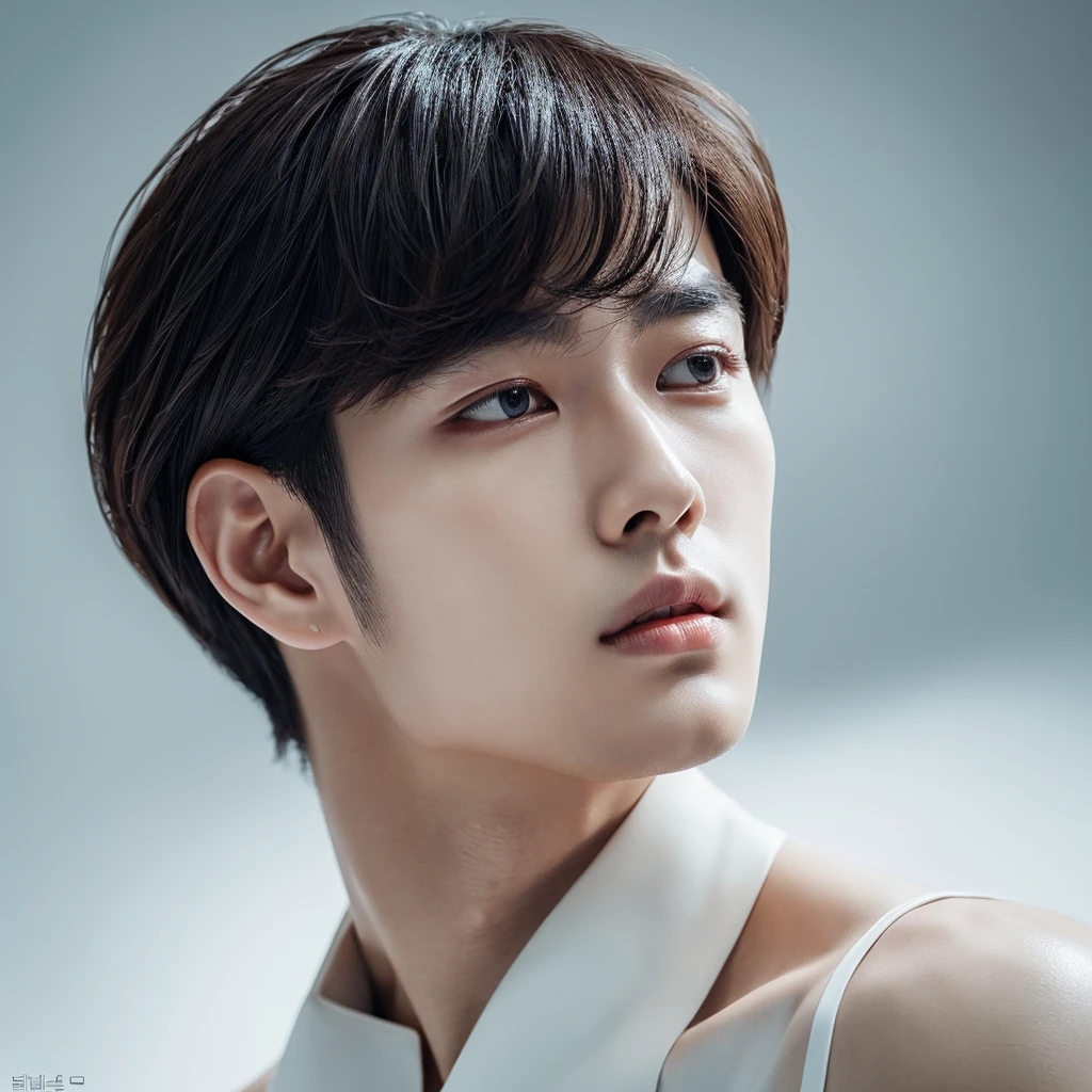 a handsome korean man, white background, extremely detailed face and eyes, perfect skin, beautiful detailed lips, longeyelashes, sharp jawline, masculine features, elegant pose, high fashion, cinematic lighting, vibrant colors, 8k, hyper detailed, award winning portrait, photorealistic