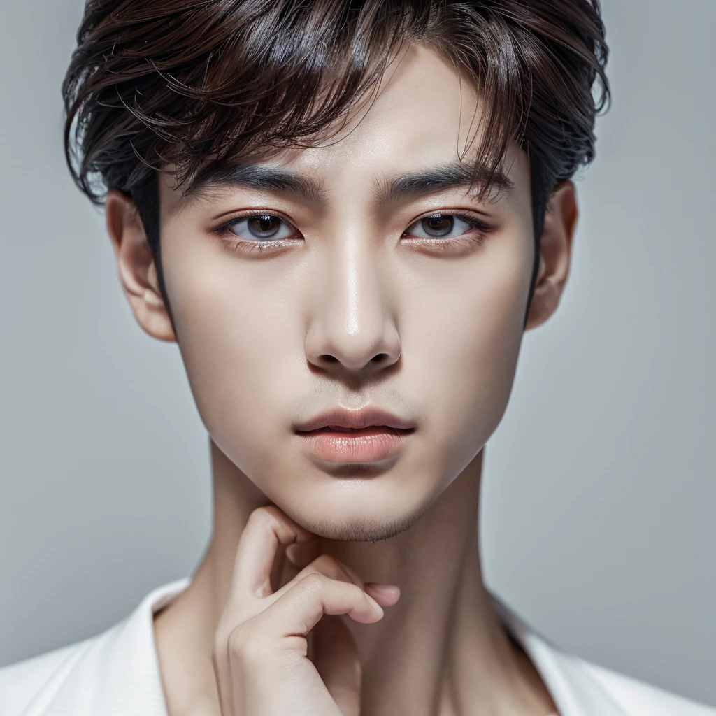 a handsome korean man, white background, extremely detailed face and eyes, perfect skin, beautiful detailed lips, longeyelashes, sharp jawline, masculine features, elegant pose, high fashion, cinematic lighting, vibrant colors, 8k, hyper detailed, award winning portrait, photorealistic