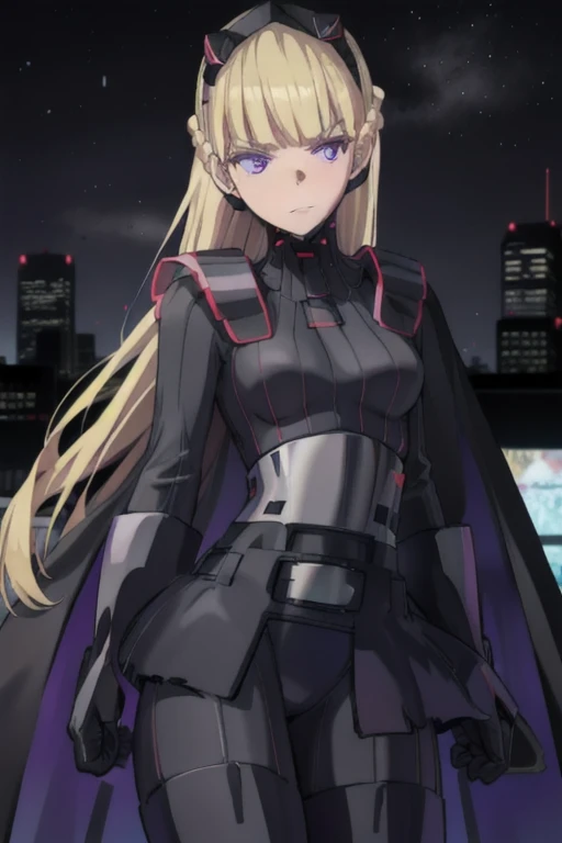 AmSW,long hair,blonde hair,black gloves,purple eyes,black hairband,cape,black bodysuit,medium breasts,braid,blunt bangs, city, park