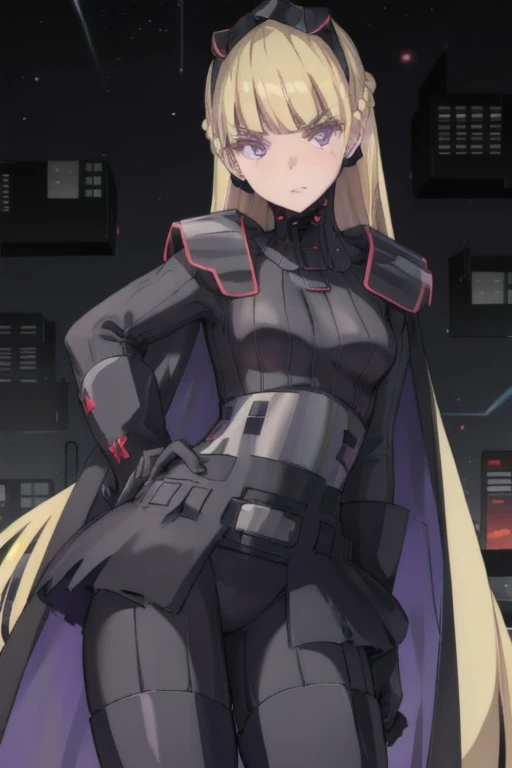 AmSW,long hair,blonde hair,black gloves,purple eyes,black hairband,cape,black bodysuit,medium breasts,braid,blunt bangs, city, park