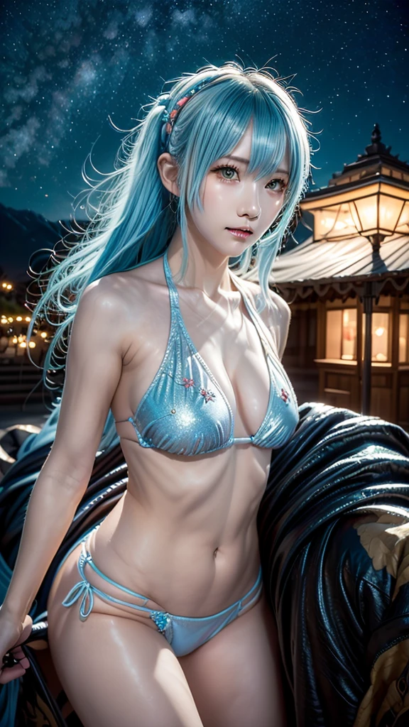 AIBeauty、Prompto riding a lion、constellation、Night Sky、starry sky zoo、Real Beauty、Show off your whole body、Light blue hair、Rainbow accessory pattern bikini
