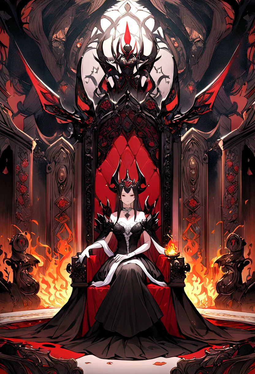 The image depicts an animated character that could be described as a "devil queen." She is seated on an ornate throne, wearing a black dress with white accents. The character has black hair, red horns, and is holding a flame in her hand, which adds to her devilish appearance. The background appears to be a grand, elaborately decorated room, fitting for a queen.