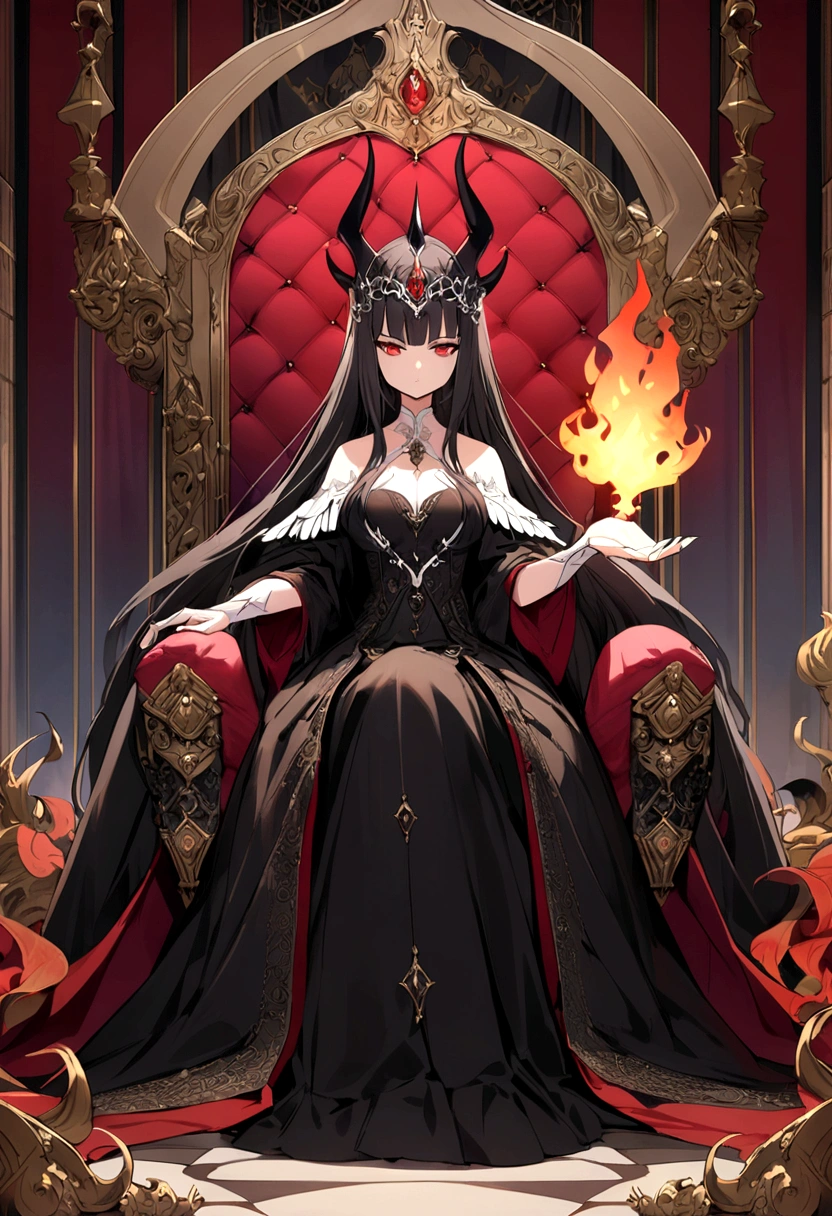 The image depicts an animated character that could be described as a "devil queen." She is seated on an ornate throne, wearing a black dress with white accents. The character has black hair, red horns, and is holding a flame in her hand, which adds to her devilish appearance. The background appears to be a grand, elaborately decorated room, fitting for a queen.
