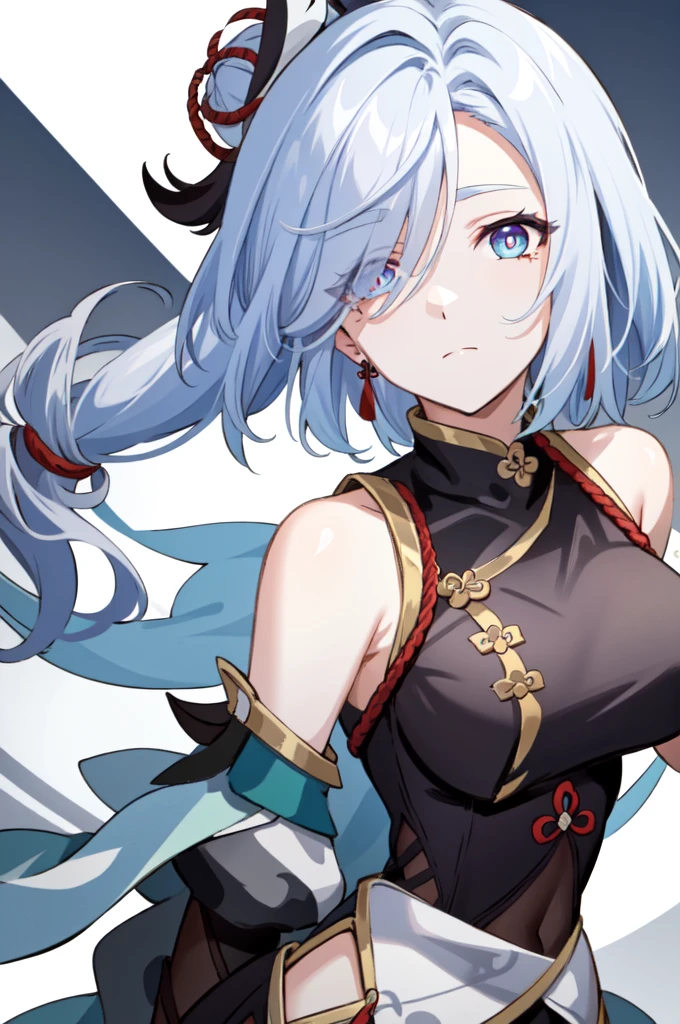 shenhe(genshin impact), bare shoulders, hair over one eye, 1girl, barbarian markings, short white hair ponytail bun, blue eyes magenta eyes, hair bangs covering eye, half closed eyes, hair over one eye