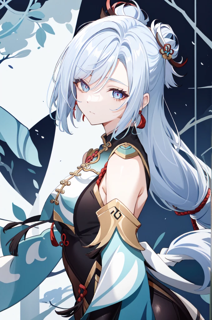 shenhe(genshin impact), bare shoulders, hair over one eye, 1girl, barbarian markings, short white hair ponytail bun, blue eyes magenta eyes, hair bangs covering eye, half closed eyes, hair over one eye