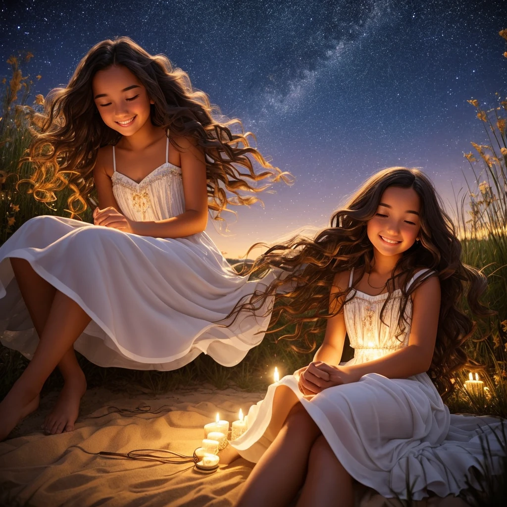 Girl with tan skin and very long wavy dark hair thats wavy  sitting down  under the stars smiling with a magical night dress 