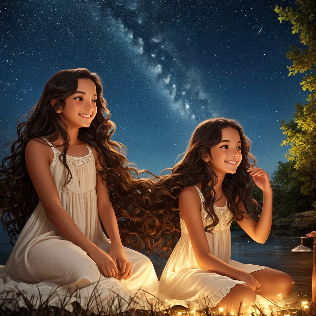 Girl with tan skin and very long wavy dark hair thats wavy sitting down under the stars smiling with a magical night dress