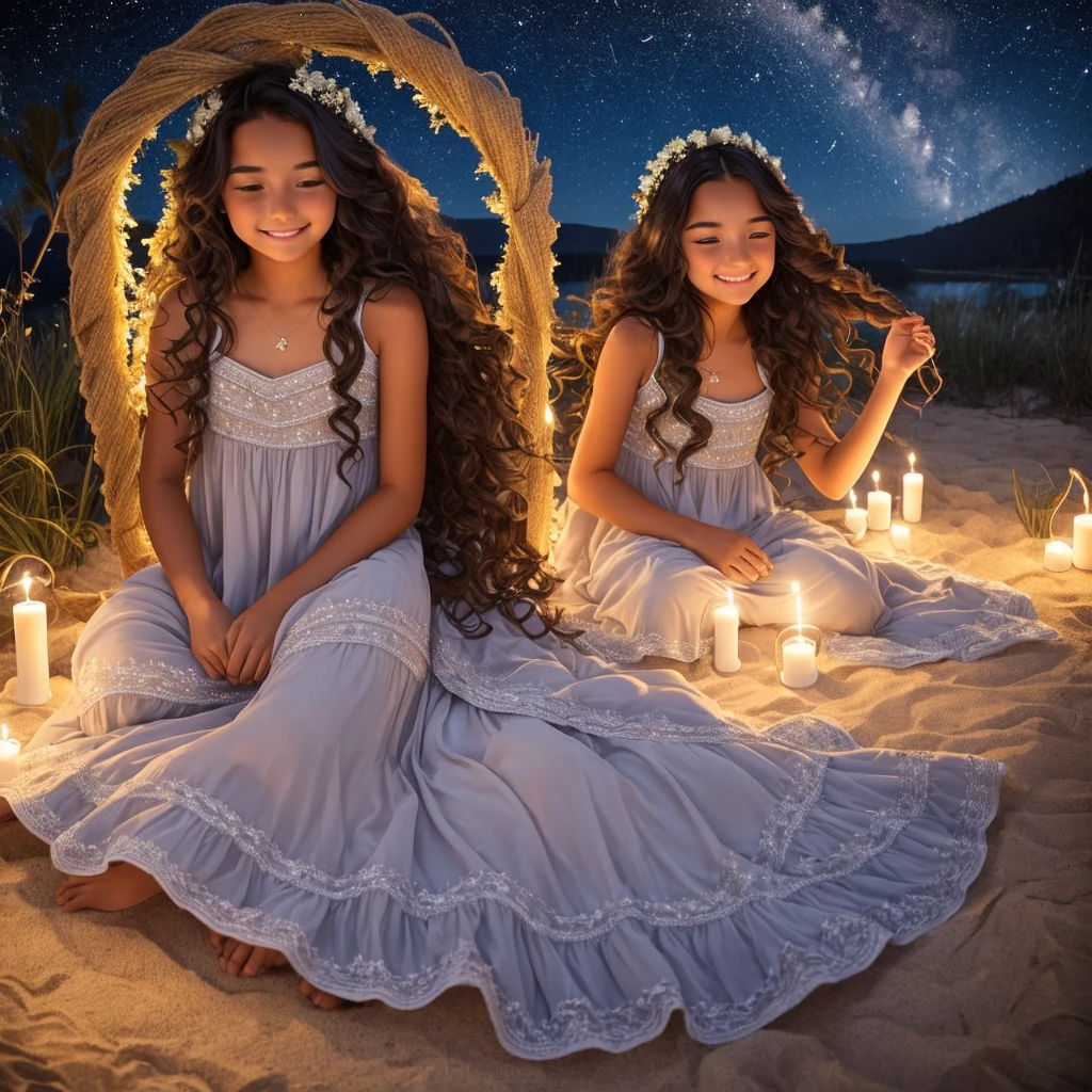 Girl with tan skin and very long wavy dark hair thats wavy sitting down under the stars smiling with a magical night dress