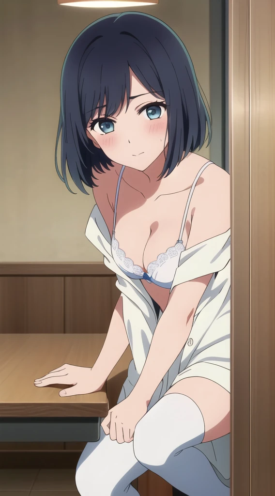 Akane Kurokawa,black hair, blue eyes, , 1 girl, detail hair ,alone,(close shot) ,(undress clothes :1.4),,bare shoulder, , white lace bra, cleavage,thighhighs,,      
beautiful Finger,beautiful long legs,Beautiful body,beautiful character design, perfect eyes, Perfect face,expressive eyes, looking at the viewer, Appear on knees,sexy pose,in the center of the image, official art,High Definition CG Unity, Perfect lit, bright_front_face_lit, (table top:1.0),(Highest_quality:1.0),4k,Super detailed, photograph, 8K, nffsw, High resolution, absurd:1.2, kodak portrait 400, film grain, Lens flare, (lively_color:1.2) (beautiful,medium breasts:1.4), (beautiful_face:1.3),(narrow_waist), blush