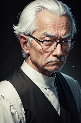 old man with glasses、priest、Serious face、Look forward、Background Black、I