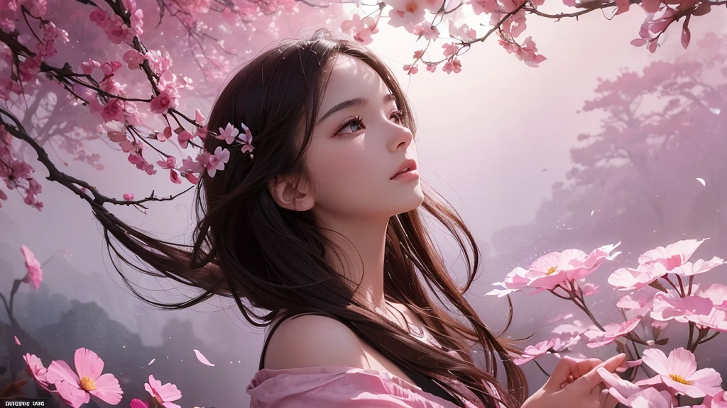 32k, Masterpiece, Highest quality, One girl, Detailed eyes, flower,Sandersonia, Pink and brown style,A dreamy, romantic piece,Pale pink, Mysterious Leaves,A playful arrangement,Fantasy,High Contrast,Ink strokes,explosion,Exposure, Impression of pink and brown tones,Abstract,((Watercolours by John Berkey and Jeremy Mann )) Brush strokes,Negative Space, Tyndall effect,