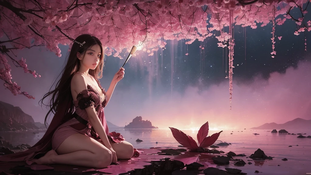 32k, Masterpiece, Highest quality, One girl, Detailed eyes, flower,Sandersonia, Pink and brown style,A dreamy, romantic piece,Pale pink, Mysterious Leaves,A playful arrangement,Fantasy,High Contrast,Ink strokes,explosion,Exposure, Impression of pink and brown tones,Abstract,((Watercolours by John Berkey and Jeremy Mann )) Brush strokes,Negative Space, Tyndall effect,