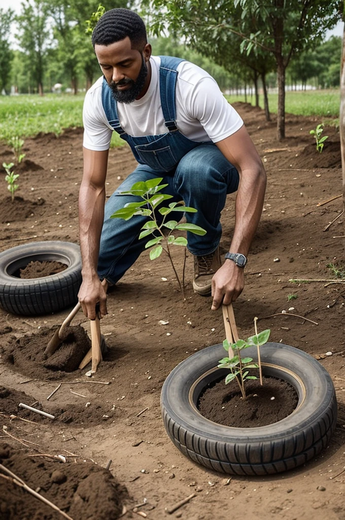 Looks like he uses old plastic bags and tires to plant trees to protect the environment