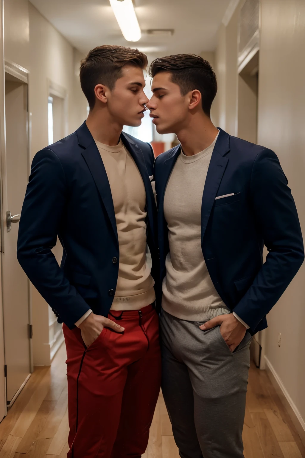 Two handsome teenagers boys with athletic bodies were standing in a hall, they were wearing full suits, they were aroused by each other, they were kissing passionately,Their penises were fully erect inside their pants due to sexy passion, ((Full HD))