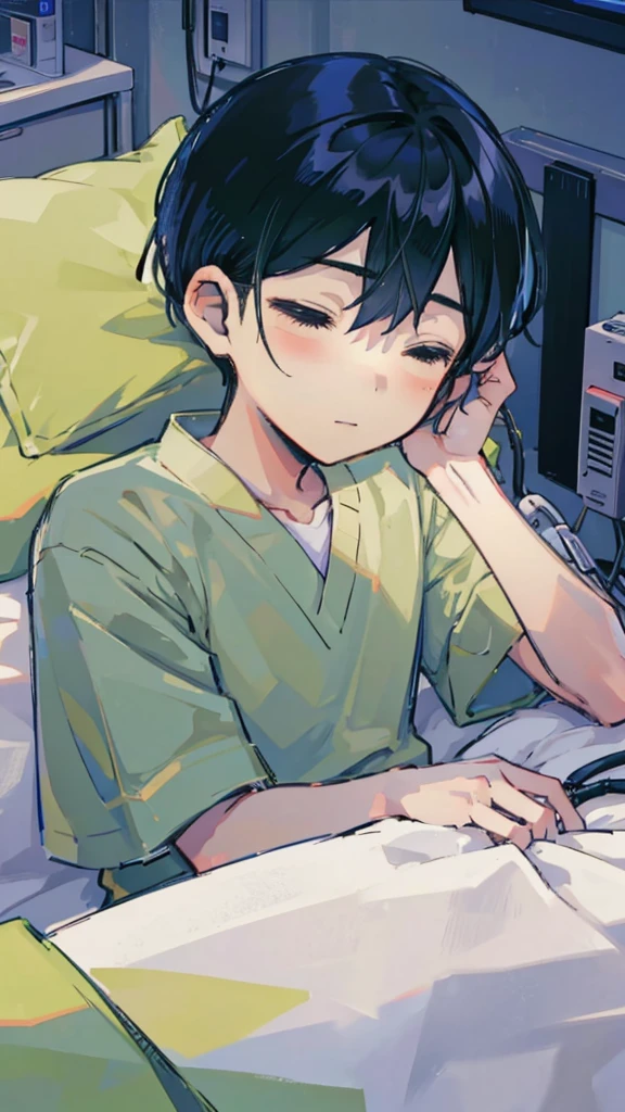 1 boy, lying down, in a coma, sleeping lying in bed, hospital clothes light green, medical equipment, hospital bed, hospital room, body with blood.