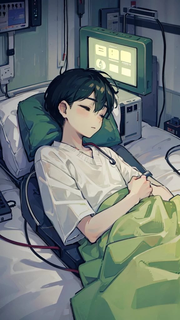 1 boy, lying down, in a coma, sleeping lying in bed, hospital clothes light green, medical equipment, hospital bed, hospital room, body with blood.