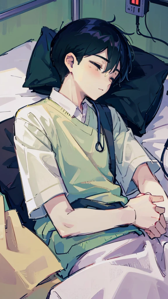 1 boy, lying down, in a coma, sleeping lying in bed, hospital clothes light green, medical equipment, hospital bed, hospital room, body with blood.