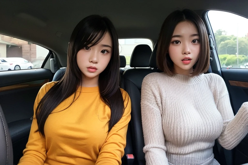 Indonesian girl 19-year-old Hairstyle Casual, F Cup Breasts wearing crewneck dress in car amd driving the car with her friend, they are scared because there are thugs who want to do carjacking and they in car increasingly scared and scream for help.