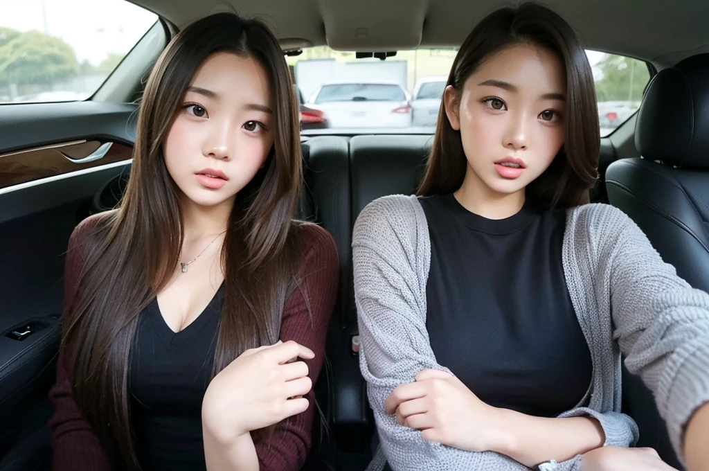 Indonesian girl 19-year-old Hairstyle Casual, F Cup Breasts wearing crewneck dress in car amd driving the car with her friend, they are scared because there are thugs who want to do carjacking and they in car increasingly scared and scream for help.