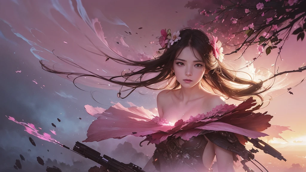 32k, Masterpiece, Highest quality, One girl, Detailed eyes, flower,Sandersonia, Pink and brown style,A dreamy, romantic piece,Pale pink, Mysterious Leaves,A playful arrangement,Fantasy,High Contrast,Ink strokes,explosion,Exposure, Impression of pink and brown tones,Abstract,((Watercolours by John Berkey and Jeremy Mann )) Brush strokes,Negative Space, Tyndall effect,