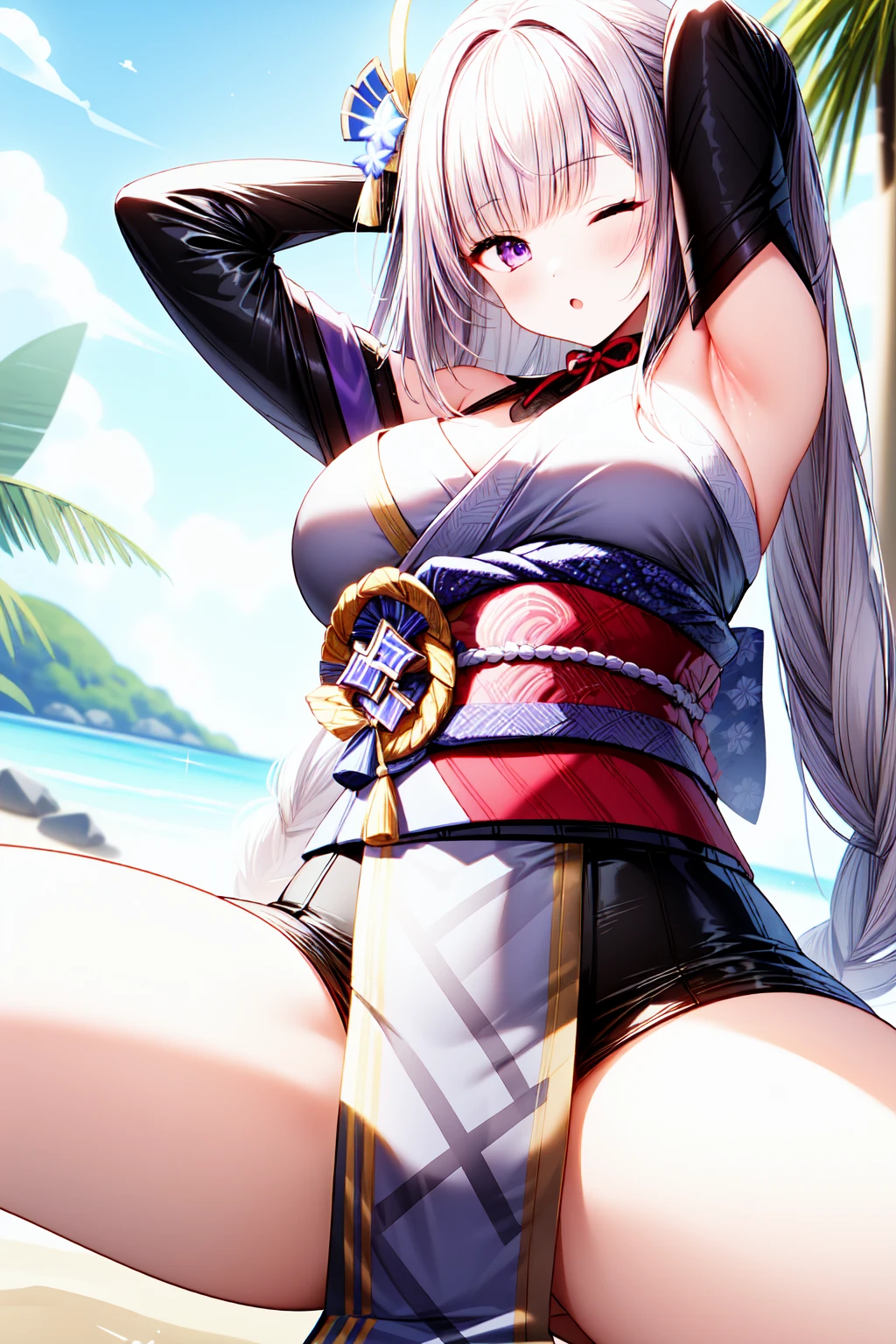 1girl, solo, large breasts, raidenshogundef, embarrassed, ;o, one eyes closed, beach, sitting, spread legs, arm up, arm behind head, armpits, from below