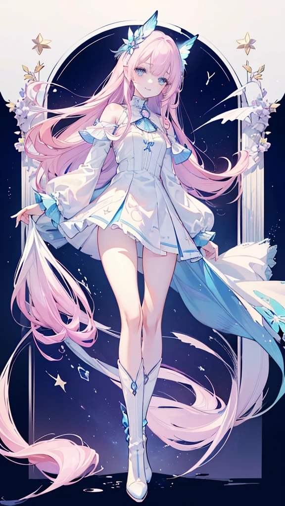 A young heroine with long loose light pink hair and shiny blue eyes. Smiling with a soft and gentle alive smile. Her costume is a white blouse and shorts which blue pastel sleek lines, and intricate details. Butterflies color past flying all around her. Flat chest, pretty blue bracelet. (illustration), ((masterpiece)), ((top quality)), (((high resolution)), ((dignity 8K wallpaper, detailed background)), (beautiful detailed eyes), (detailed light). Beautiful face, perfect style, symmetrical star shaped iris eyes. Full body shot. White boots. Cute bangs. Long flowing hair.
