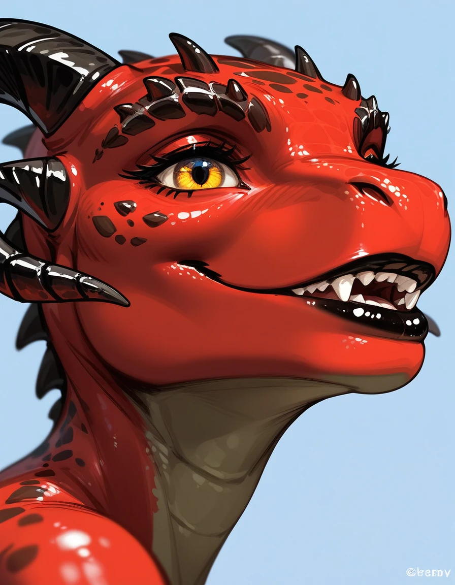 , score_9,score_8_up,score_7_up, anthro Argonian female from skyrim, Anthro reptile girl, snout, all red skin, black lips, black horns, black ram horns, black lips, naked, close up, portrait, lower face focus, upper face is cropped out, grinning, toothy grin, 