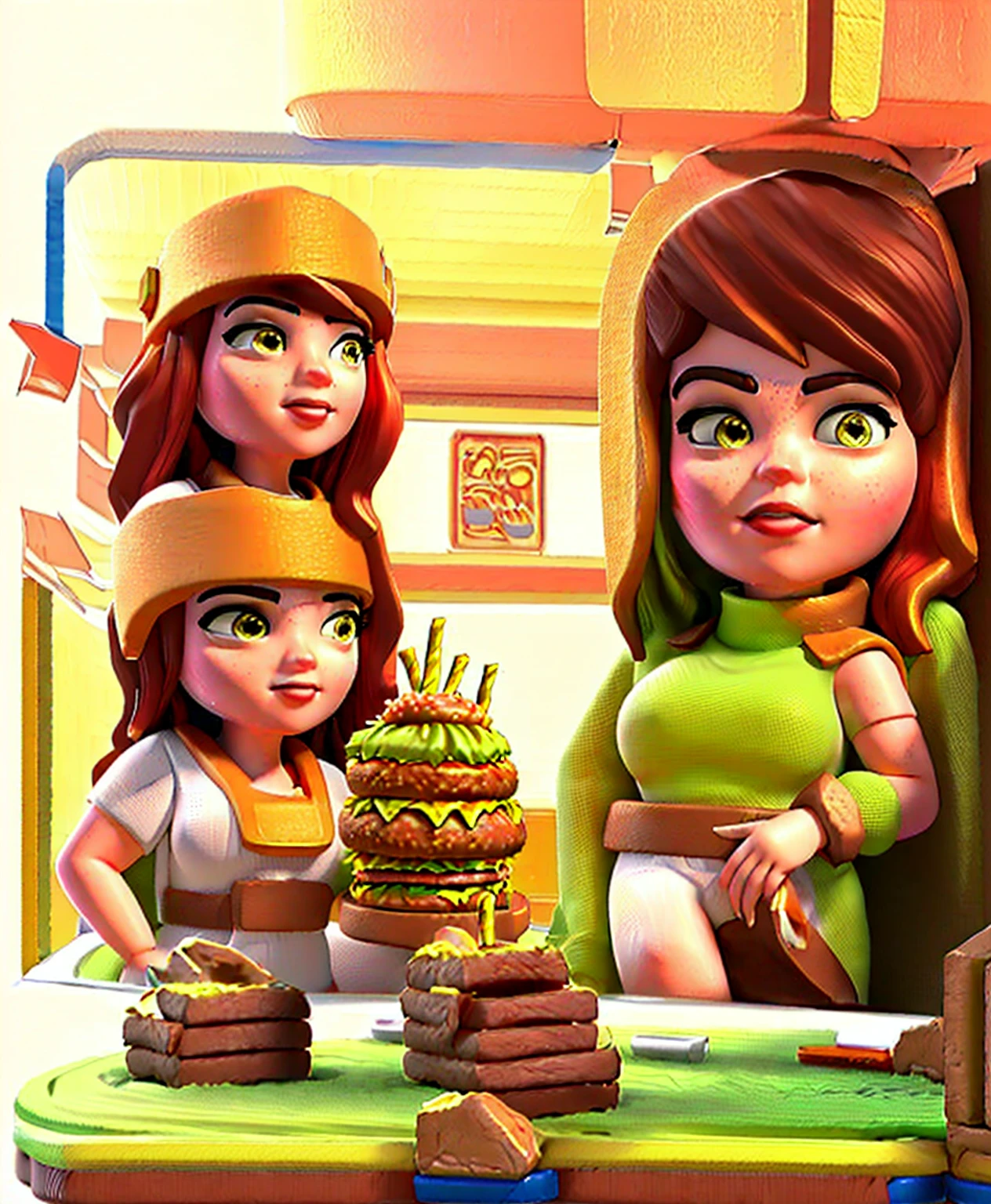 Two women eating fast food in a fast food restaurant, Propaganda Art, Official Artwork, Serving burgers, Royal Fast Food Restaurant, Hamburger Operation, Official Art, Cartoon art style, Detailed game art illustrations, fast food review, Cartoon art style, Business Illustration, Official illustrations, Supply Big Mac, Stylized art, wearingrr restaurant, cartoon style illustration